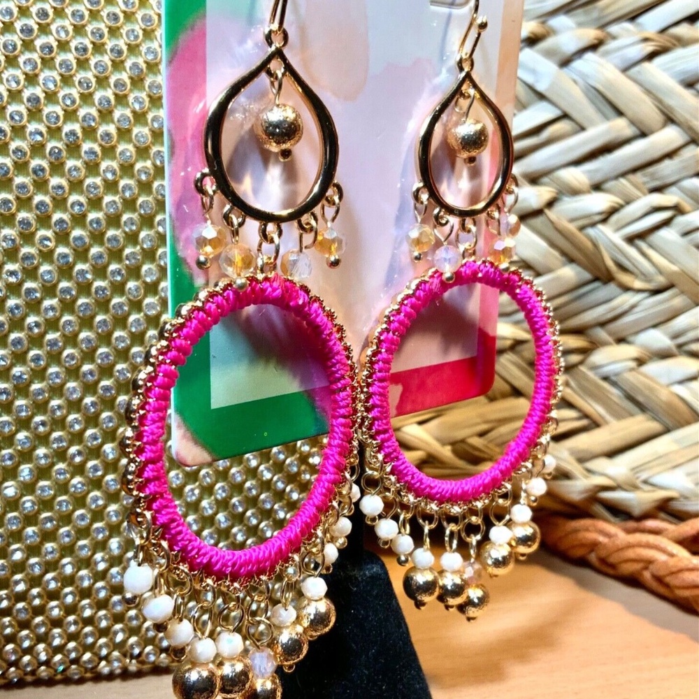 LILLY PULITZER NWT EARRINGS BEACHCOMBER Gypsy Boho HOT PINK ⭐️DANGLING /Pierced - Picture 14 of 16